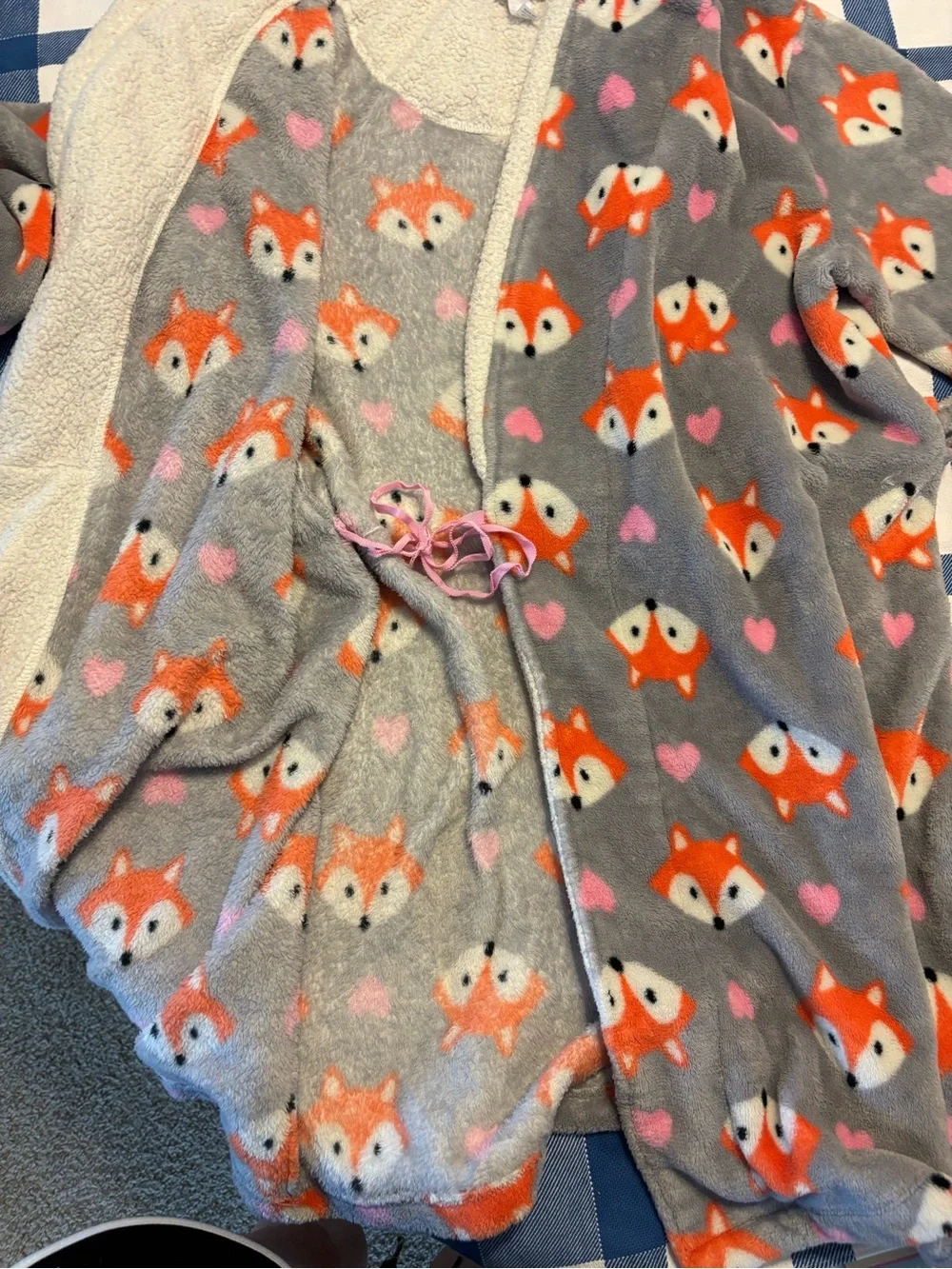 Teens hooded Fox Plush Robe in Gray, Orange & Pink